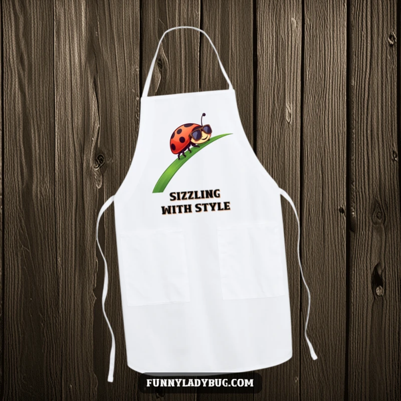 Funny Apron: A happy ladybug wearing sunglasses slides down grass, bringing a cool and playful vibe to cooking.