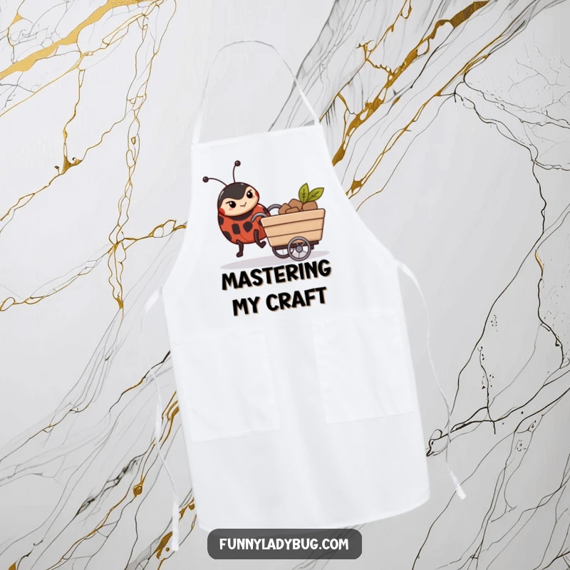Funny Apron: A determined ladybug with a focused gaze pushes a small cart, perfect for kitchen warriors.