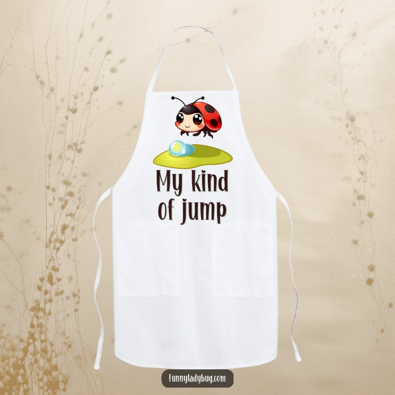 Funny Apron: A charming ladybug with big eyes springs over a dewdrop, bringing playful energy to kitchen tasks.