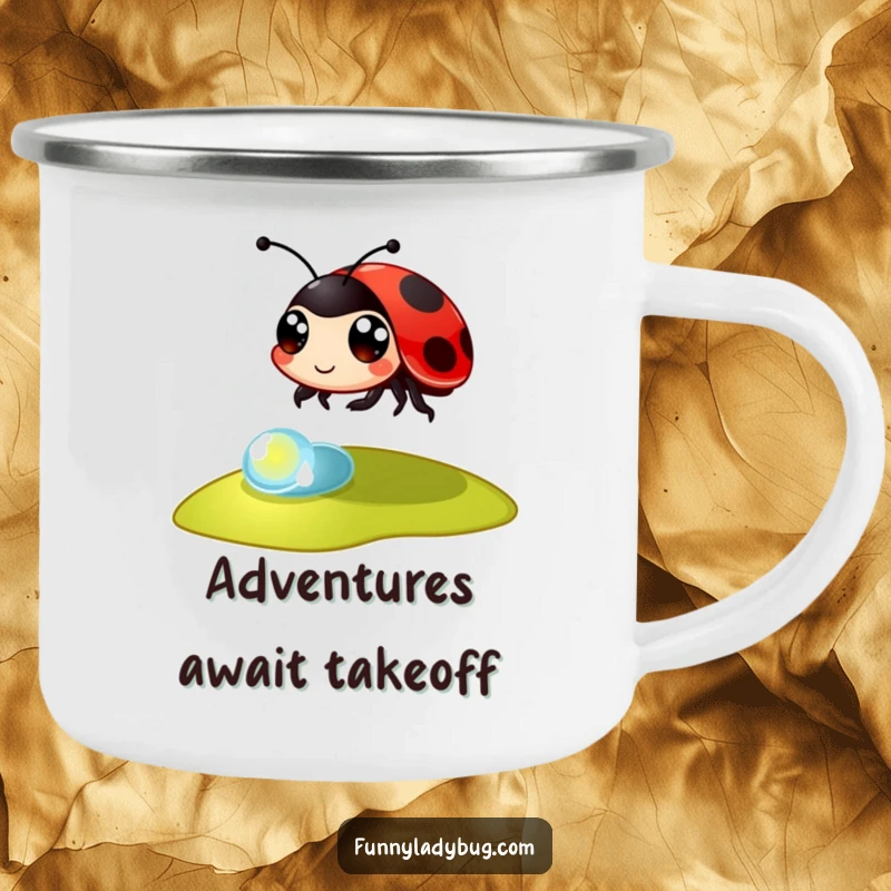 Funny Camping Mug: A large-eyed ladybug leaps dynamically over a dewdrop, ideal for outdoor fun and humor.