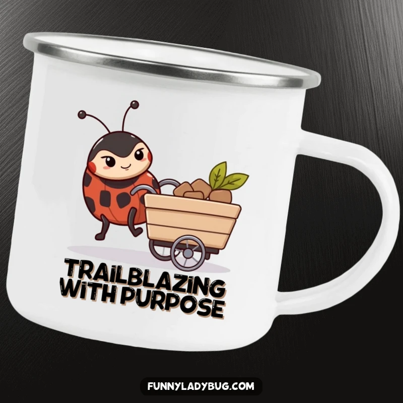 Funny Camping Mug: A serious-faced ladybug pushes a small cart, symbolizing determination on every adventure.