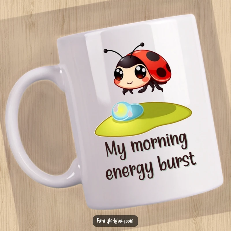 Funny Mug: A large-eyed ladybug joyfully bounces over a glistening dewdrop, capturing a moment of pure animated fun.