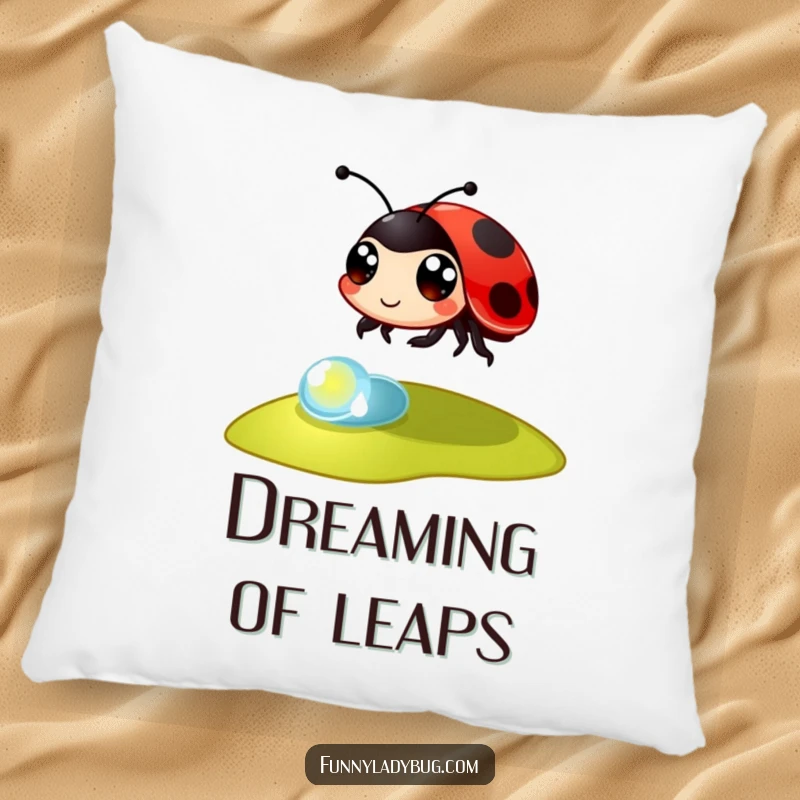 Funny Pillow: A large-eyed ladybug performs an athletic leap over a tiny dewdrop, offering comfort and animated humor.