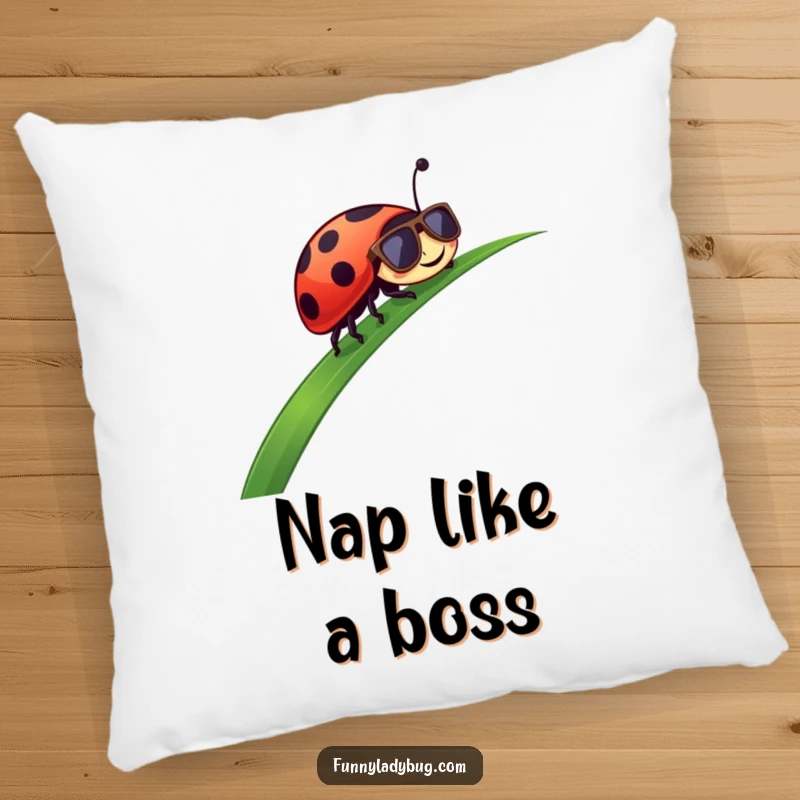 Funny Pillow: A ladybug in sunglasses slides down a blade of grass, offering comfort and cool humor.