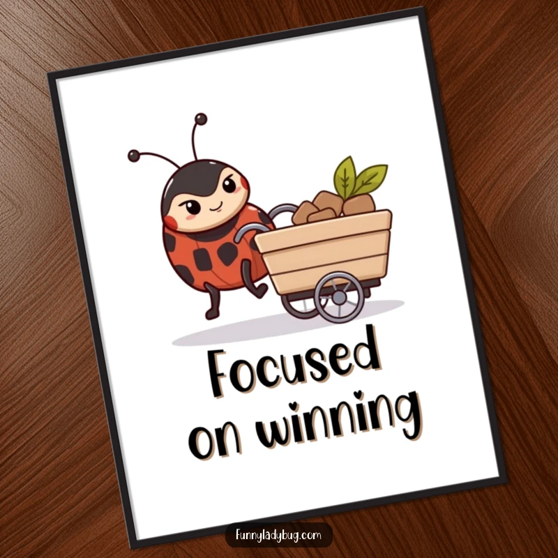 Funny Digital Art Print: A ladybug with a determined expression pushes a small cart, symbolizing hard work and ambition.