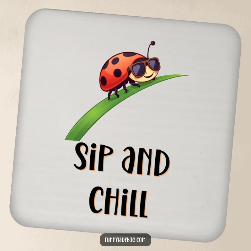 Funny Coasters: A ladybug in sunglasses slides down a blade of grass, adding cool humor to your table.