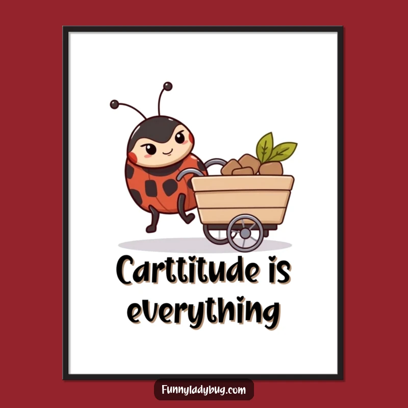 Free Printable Wall Art: Determined Ladybug Pushing Cart, Humorous Downloadable Decor