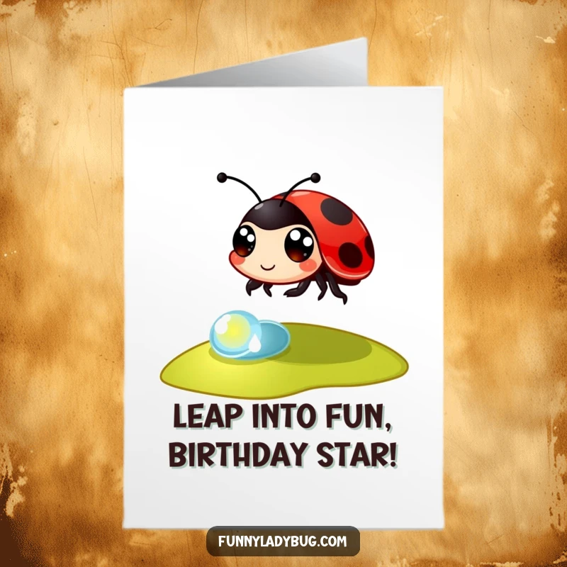 Funny Free Printable Birthday Card: Bouncy eyed ladybug leaping over a dewdrop, spreading cheer.