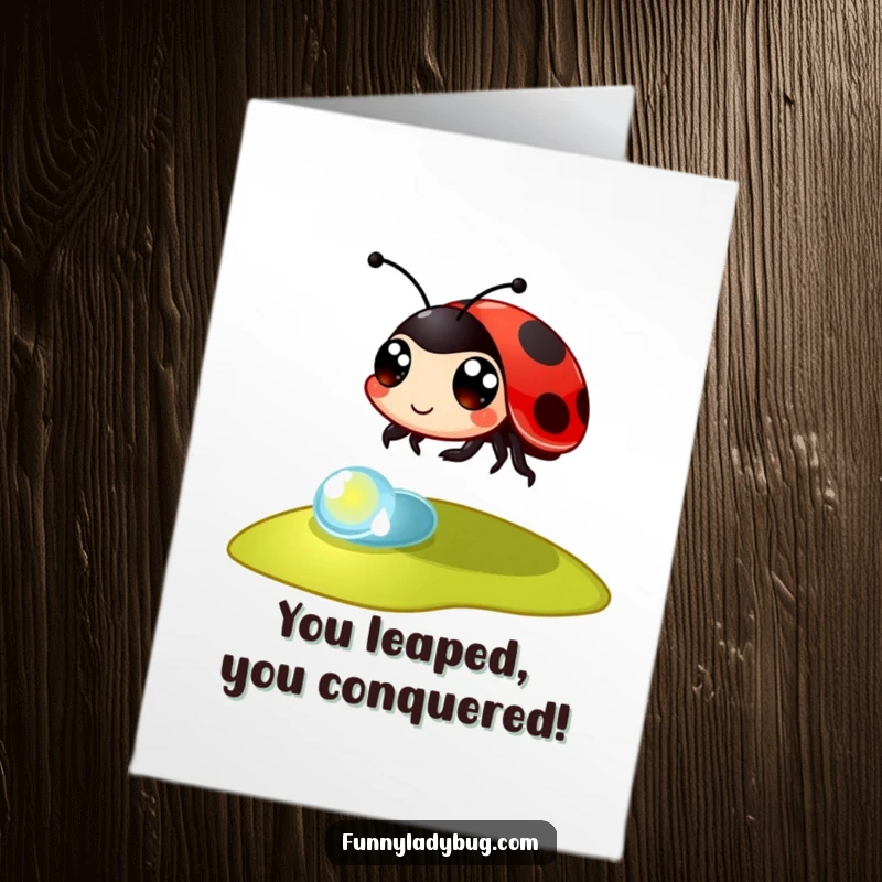Funny Free Printable Congratulations Card: Energetic ladybug with big eyes jumping over a dewdrop.