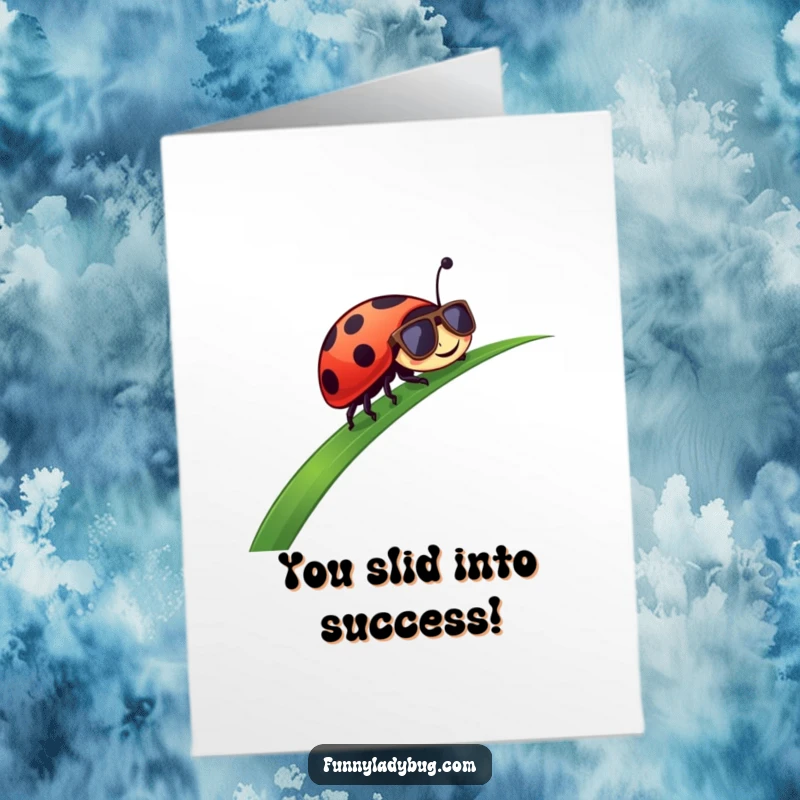 Funny Free Printable Congratulations Card: Happy ladybug wearing sunglasses slides down grass with ease.