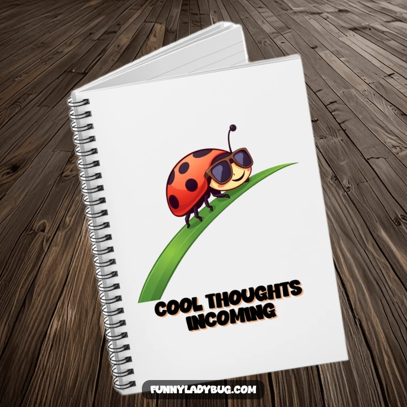 Funny Notebook: A ladybug in sunglasses slides down a blade of grass, ideal for jotting down cool thoughts.