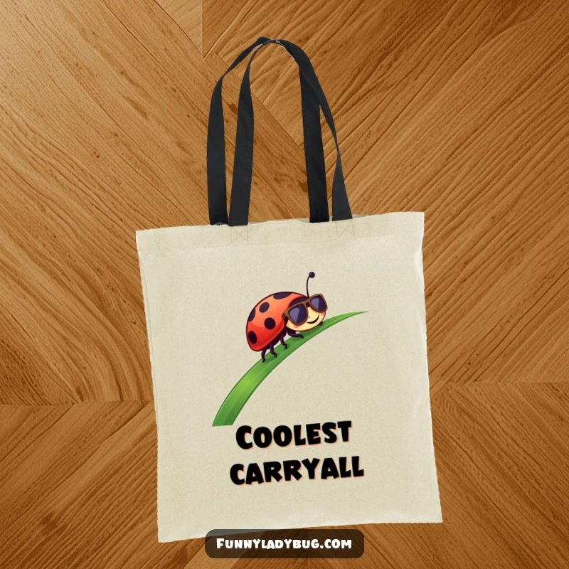 Funny Tote Bag: A ladybug in sunglasses slides down grass, bringing cool, relaxed vibes wherever you go.