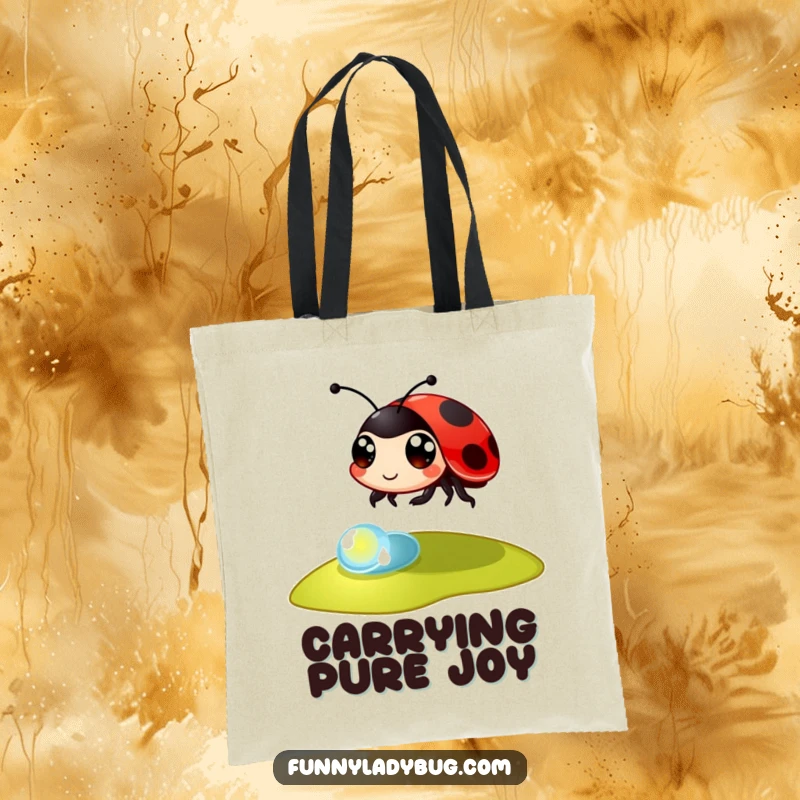 Funny Tote Bag: A cheerful ladybug with enlarged eyes gracefully leaps over a glistening dewdrop, a perfect blend of cute and funny.